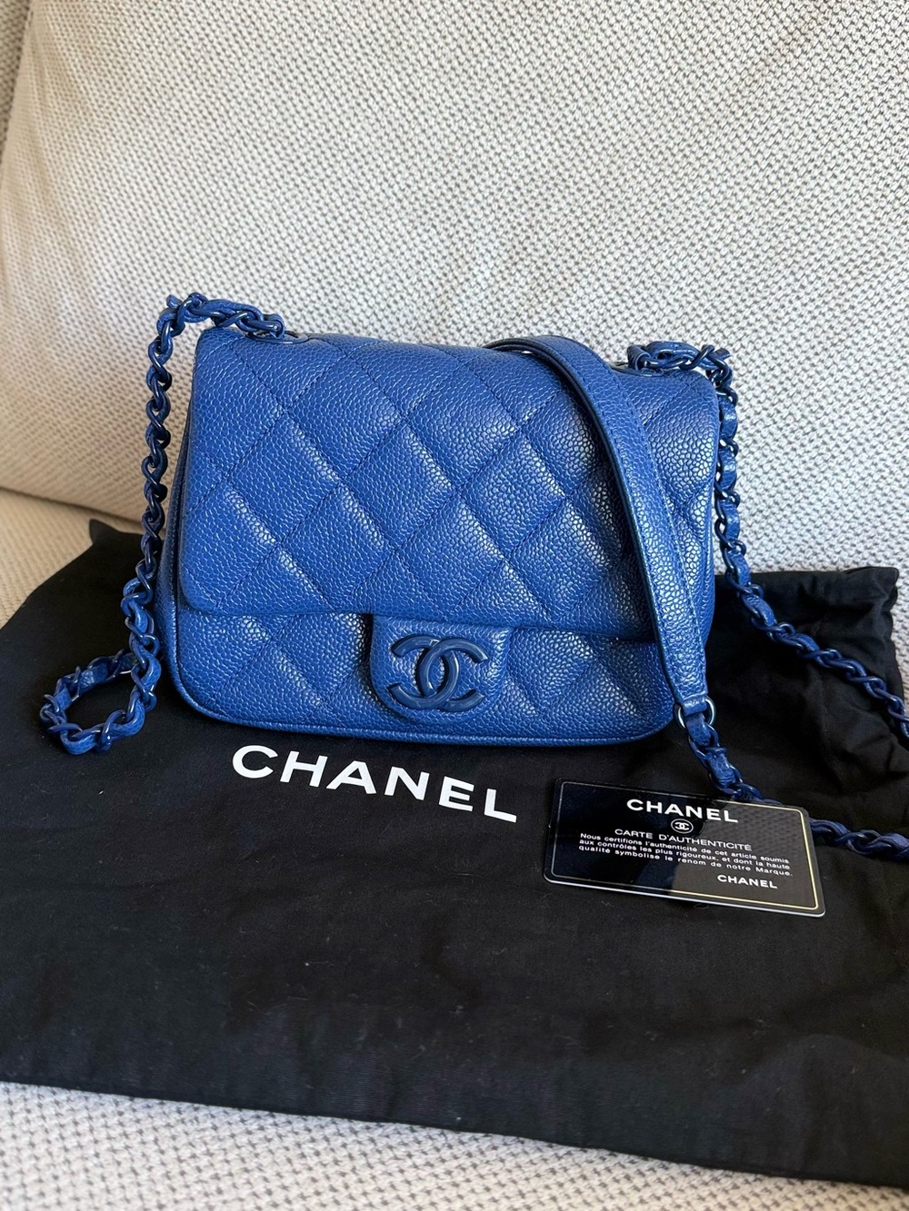 Authentic Chanel Royal Blue mini square caviar single chain handbag